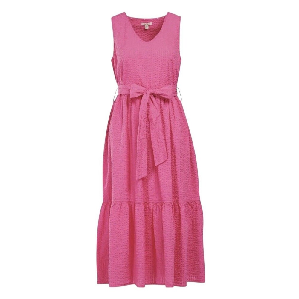 Barbour Sea Daisy Dress Seersucker Pink Shabby Chic Coastal Tiered Size 14 EUC